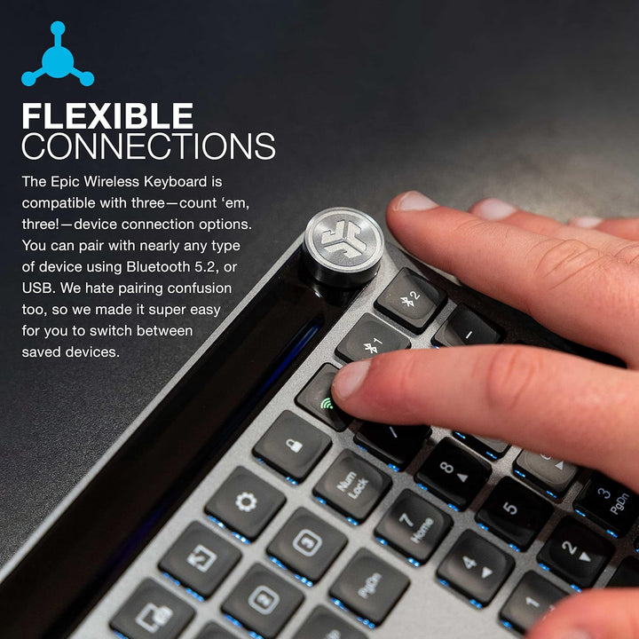 JLab, Epic, teclado inalámbrico, Bluetooth 5.2, USB Dongle, multidi...