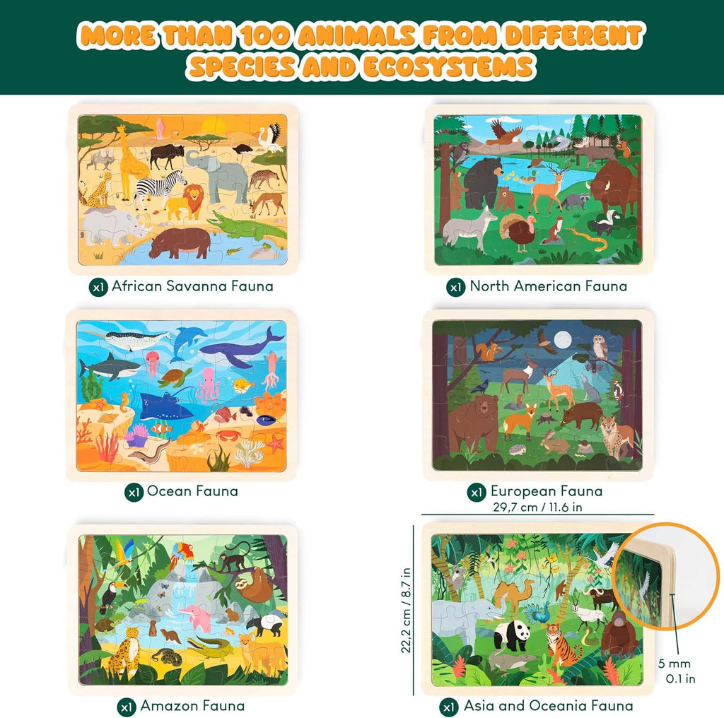 BONNYCO Rompecabezas de madera para niños de 4 a 6 años y 3 a 5 años. Juego de 6 rompecabezas de 24 piezas con tablero, animales de diversos ecosistemas. Juguetes educativos, regalos de aprendizaje