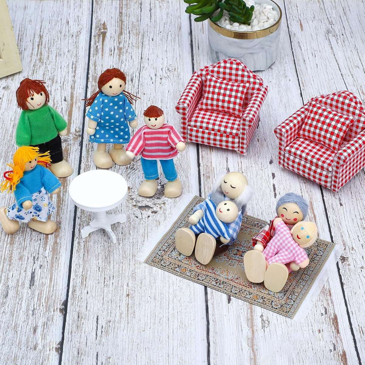 ONEST Juego de 12 piezas de casa de muñecas de madera, mini figuras