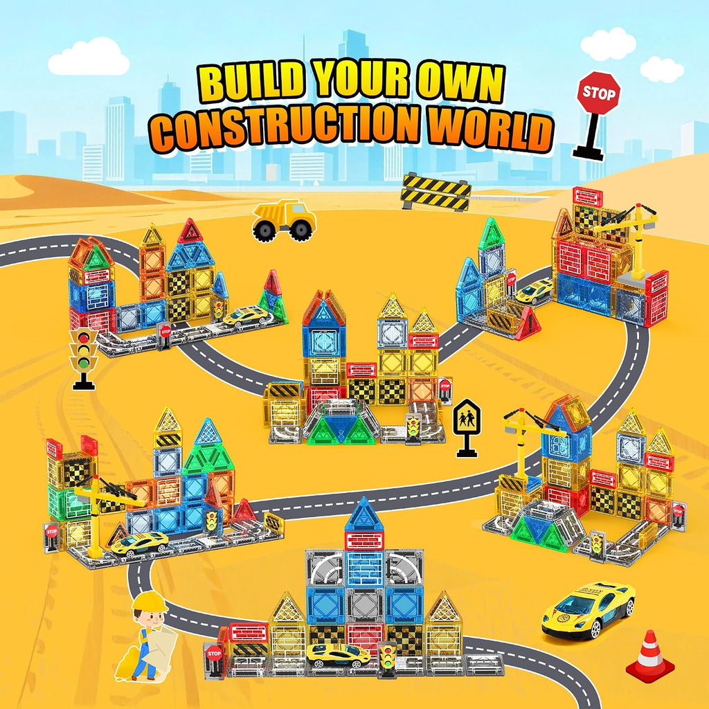Azulejos magnéticos: juguetes de construcción, juego de viaje al aire libre con grúa magnética y automóvil para niños de 3 a 5 años, 4 a 8 a 10 años, minibloques de construcción magnéticos con grúa