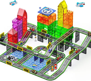 Juego de 121 piezas de azulejos magnéticos de carretera con autos d...