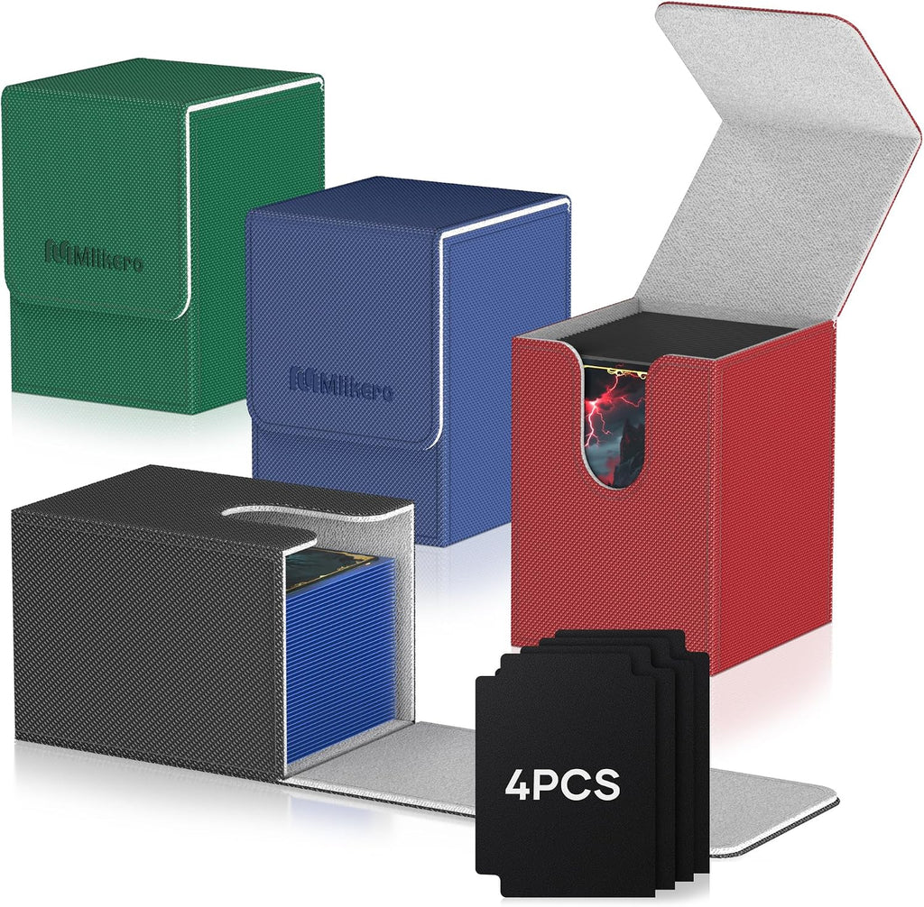 Mlikero Paquete de 4 Cajas para Mazos de Cartas, Caja para Mazo Commander Contiene más de 400 Cartas con Funda Individual con 4 Separadores, Caja Magnética de Cuero para Cartas Compatible con MTG, TCG