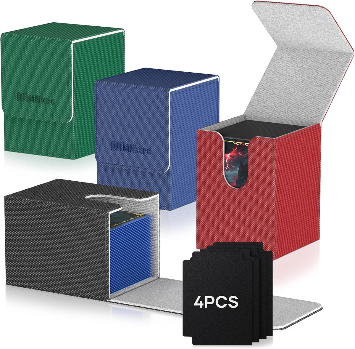 Mlikero Paquete de 4 Cajas para Mazos de Cartas, Caja para Mazo Commander Contiene más de 400 Cartas con Funda Individual con 4 Separadores, Caja Magnética de Cuero para Cartas Compatible con MTG, TCG