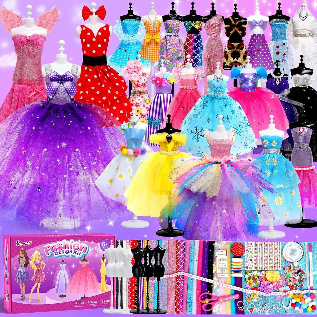 Sunrad Kits de diseñador de moda de 1500+ piezas para niñas con 6 maniquíes, kit de costura DIY para manualidades y artes para hacer ropa de muñeca, juguetes, regalos de cumpleaños para niñas de 6, 7