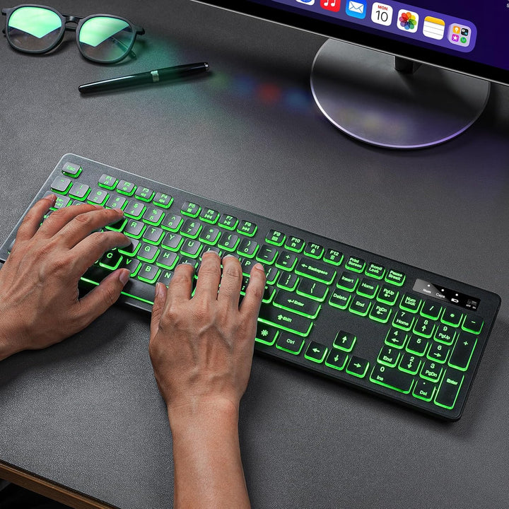 Teclado y mouse iluminados inalámbricos, brillo y color ajustables,...