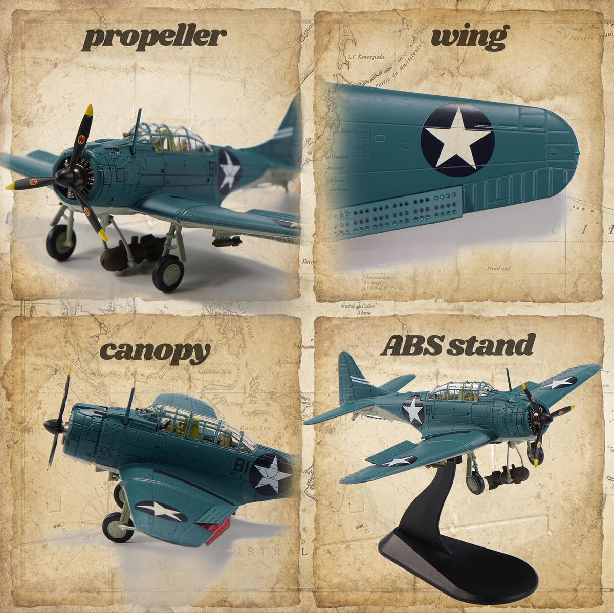 SBD Dauntless - Aviones fundidos a presión, escala 1/72, modelo de avión de metal para coleccionista, entusiasta de la aviación, coleccionable prémium con soporte de exhibición