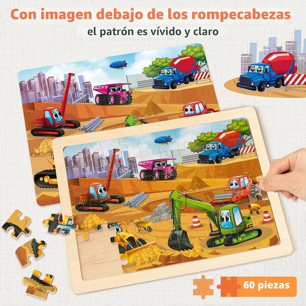 SYNARRY, rompecabezas de madera de vehículos para niños de 4 a 6 años, 6 paquetes de 60 piezas de rompecabezas, juguetes educativos preescolares, regalos para niños de 4 a 8 años, juguetes para niños