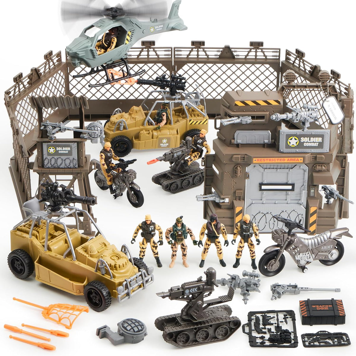 JOYIN Juego de juguetes de base militar que incluye vehículos del ejército, figuras de acción de hombres del ejército y accesorios de equipo de armas, juguetes militares de combate
