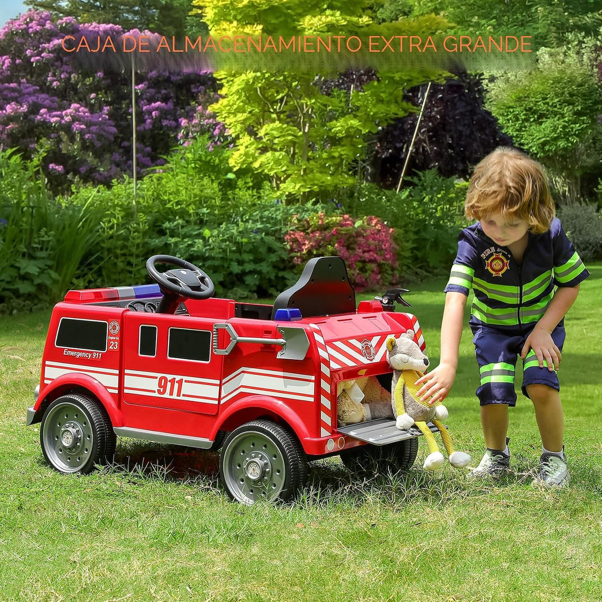 Camión de bomberos de 12 V, automóvil eléctrico alimentado por batería para niños con control remoto para padres, auto para niños, llamada de sirena, walkie-talkies, luces intermitentes