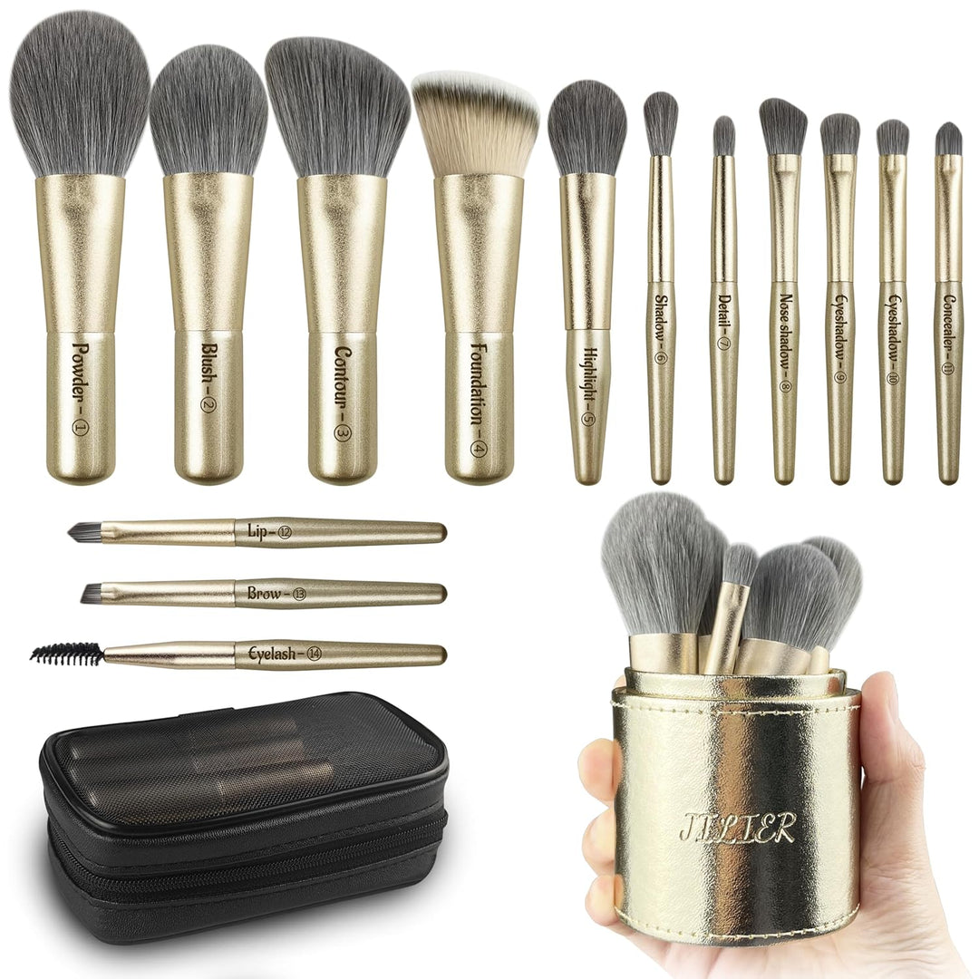 Jilier Juego de Brochas de Maquillaje de Viaje, 14 piezas Mini Broc...