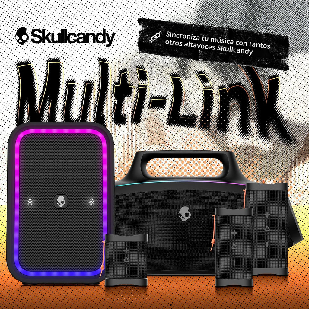Skullcandy Barrel Bocina Bluetooth Boombox — Bocina portátil inalámbrica resistente al agua, con modo de luces LED, batería de 12 horas, Multi-Link y salidas de carga USB-C y USB-A (Negro)