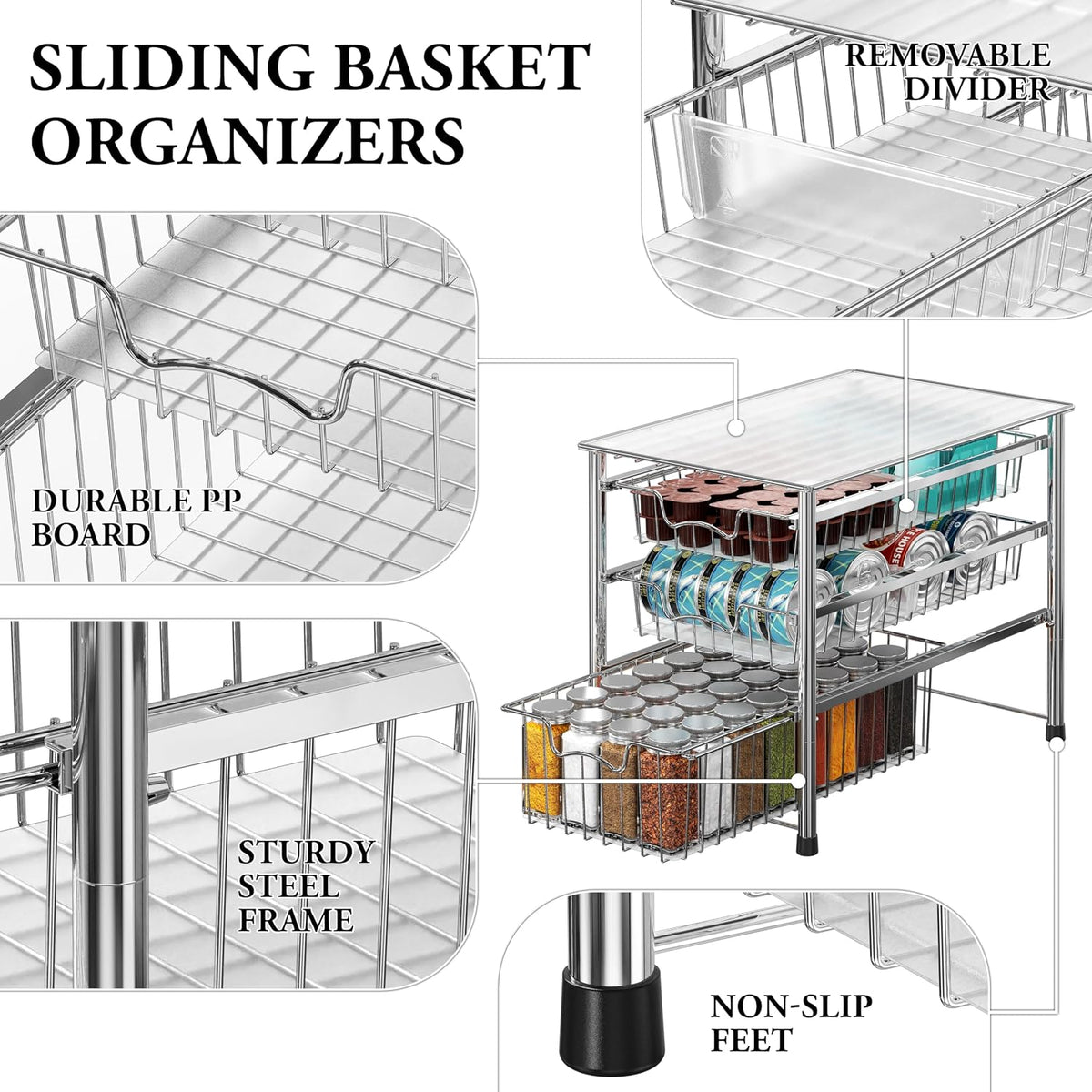 Simple Houseware - cajón organizador apilable de 3 niveles, color cromo