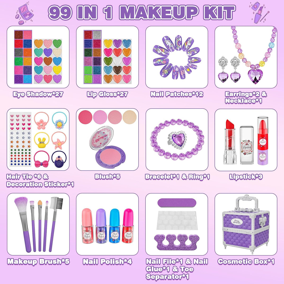 Juego de 99 piezas de maquillaje para niñas, juguetes de princesa,...