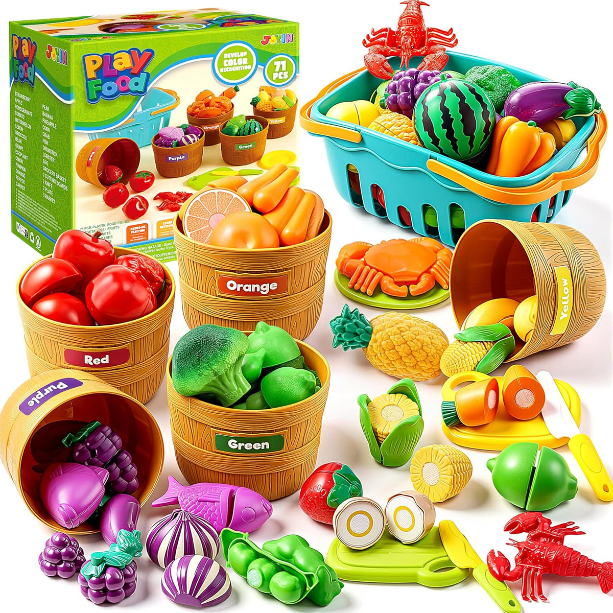 JOYIN - Juego de comida de juguete de aprendizaje para niños, cortar alimentos para actividades preescolares, accesorios de cocina de juego, juguetes educativos, juego de clasificación de colores para niños y niñas, regalos de regreso a la escuela para ni