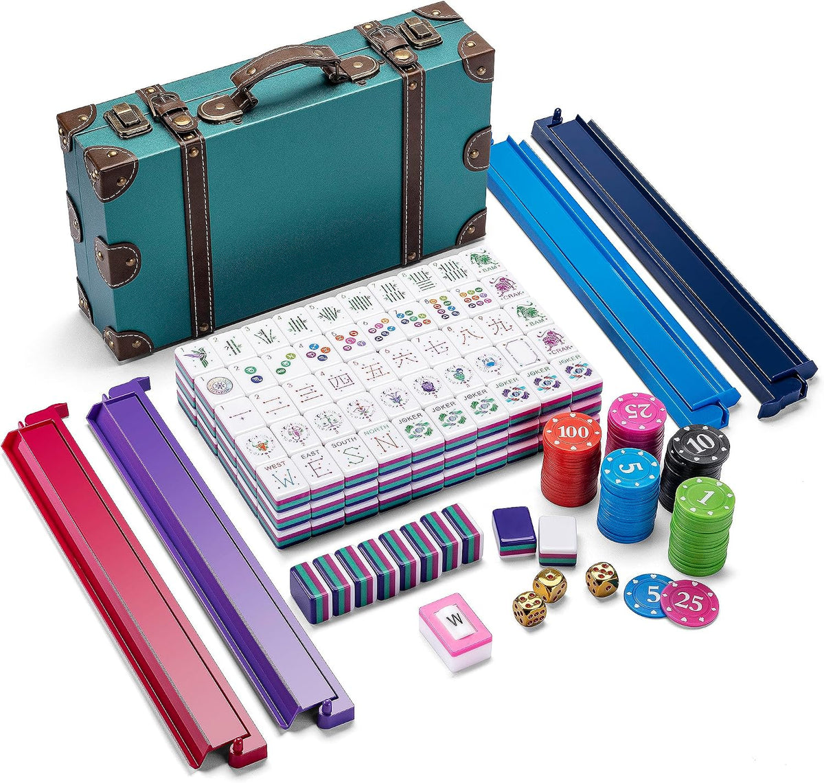 American Mahjong - Juego de azulejos de 160 azulejos acrílicos con 4 estantes y empujadores de azulejos Mahjong todo en uno, 12 diseños del zodiaco, colores de 4 capas, 100 fichas, 3 dados