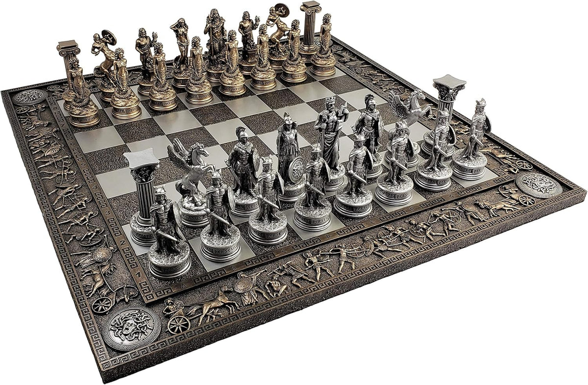 Juego de ajedrez de dioses de la mitología griega del Olimpo Zeus vs Poseidón en color peltre y bronce con tablero griego de 43 cm