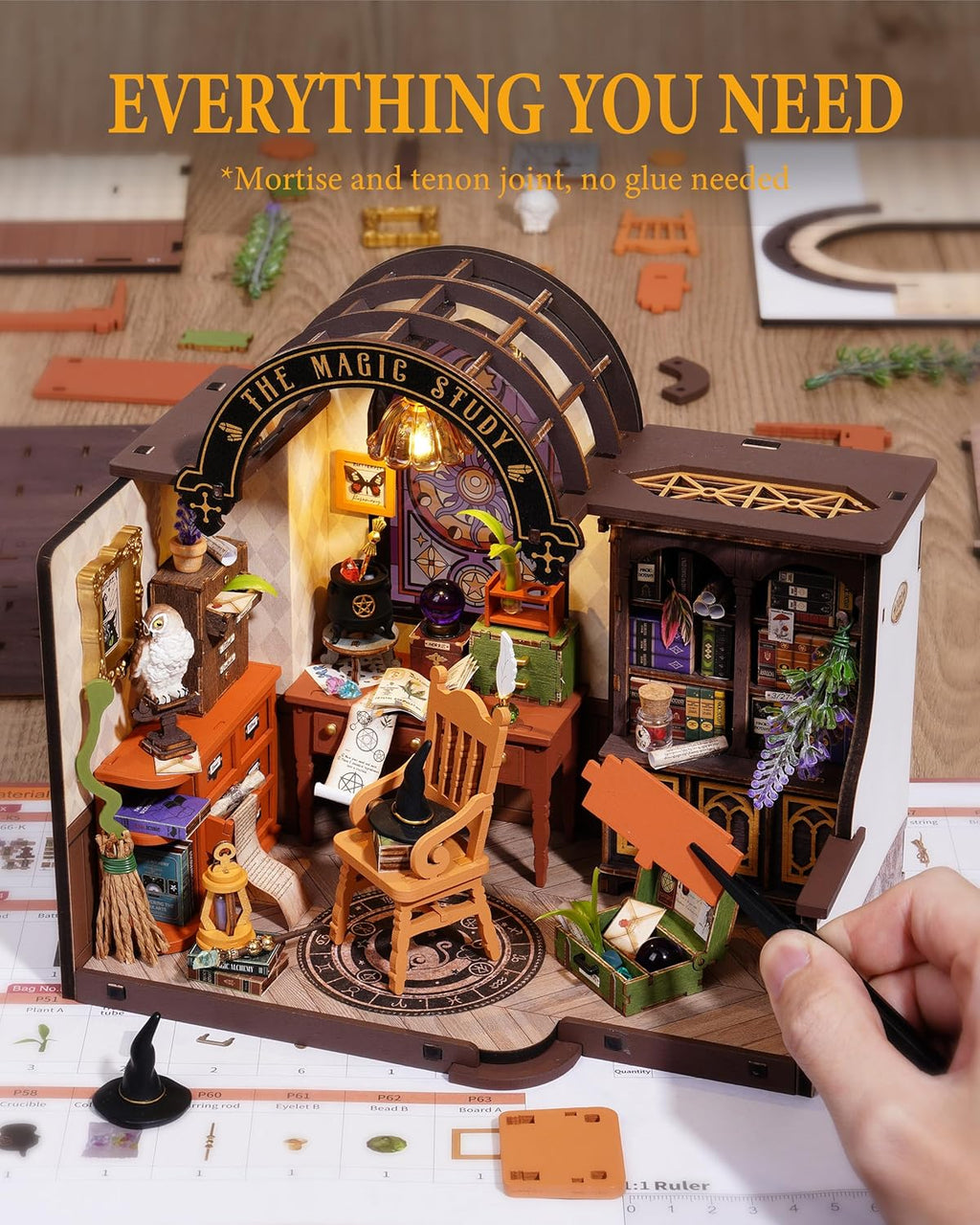 Rowood Kit de casa en miniatura para estudio mágico, kit de casa de muñecas en miniatura para adultos, kits de manualidades de mago para mujeres con LED, regalo de cumpleaños de Navidad para adultos (estudio mágico)