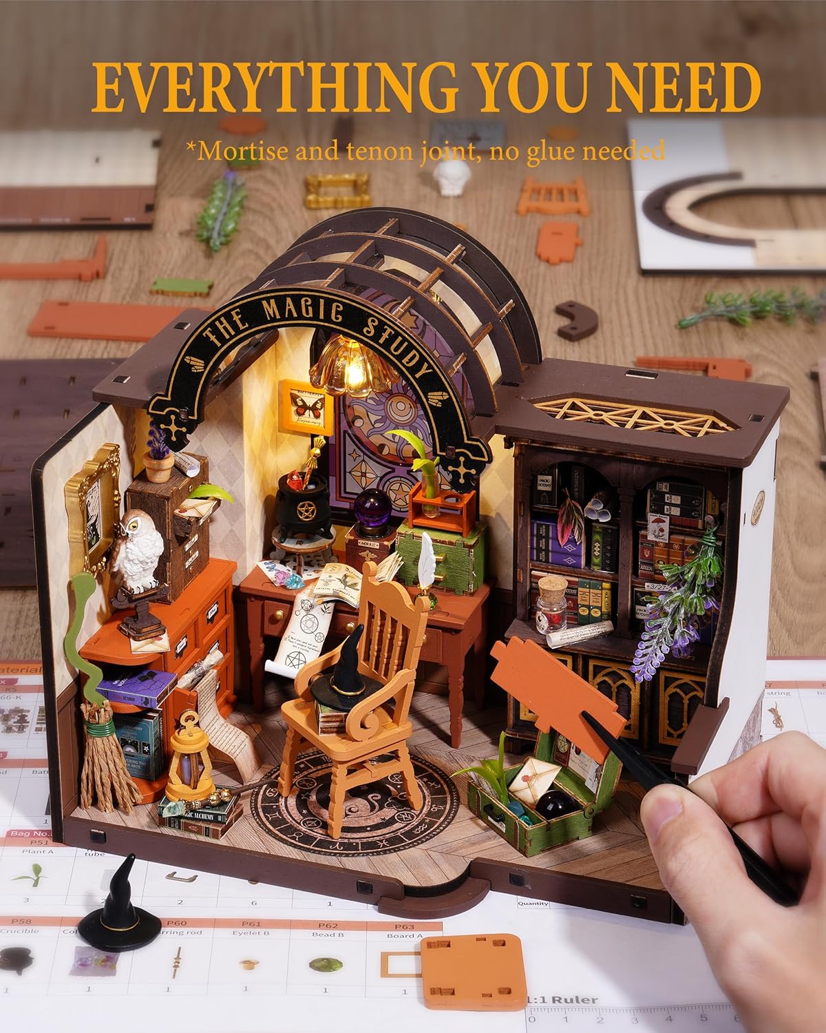 Rowood Kit de casa en miniatura para estudio mágico, kit de casa de muñecas en miniatura para adultos, kits de manualidades de mago para mujeres con LED, regalo de cumpleaños de Navidad para adultos (estudio mágico)