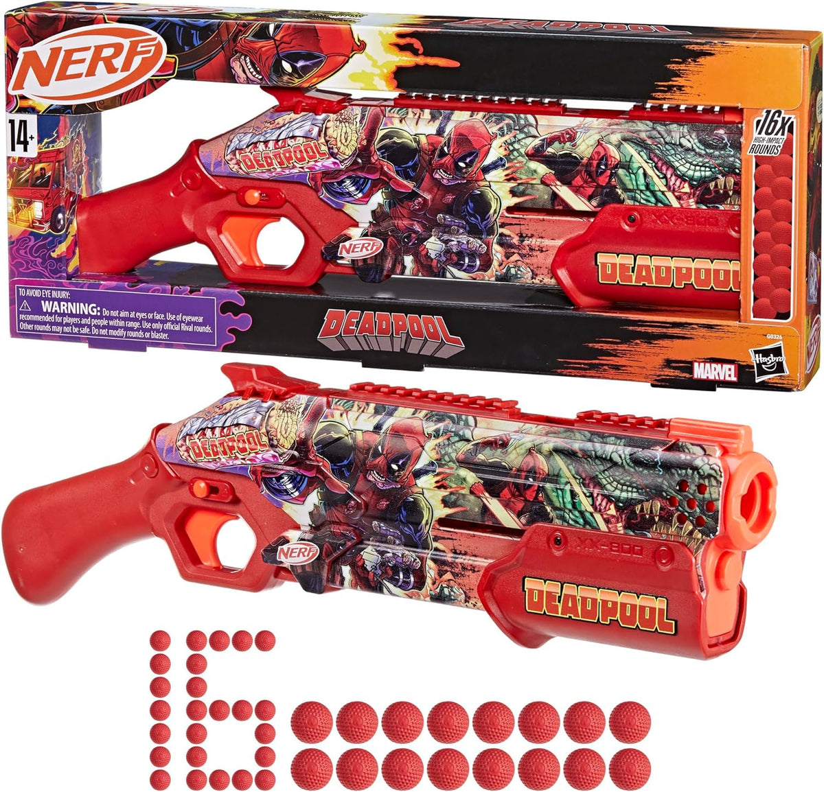 Nerf Marvel Deadpool Blaster, 16 Nerf Rival Accu-Rounds, acción a través de bomba, carga por la culata, Regalos para adolescentes, 14+