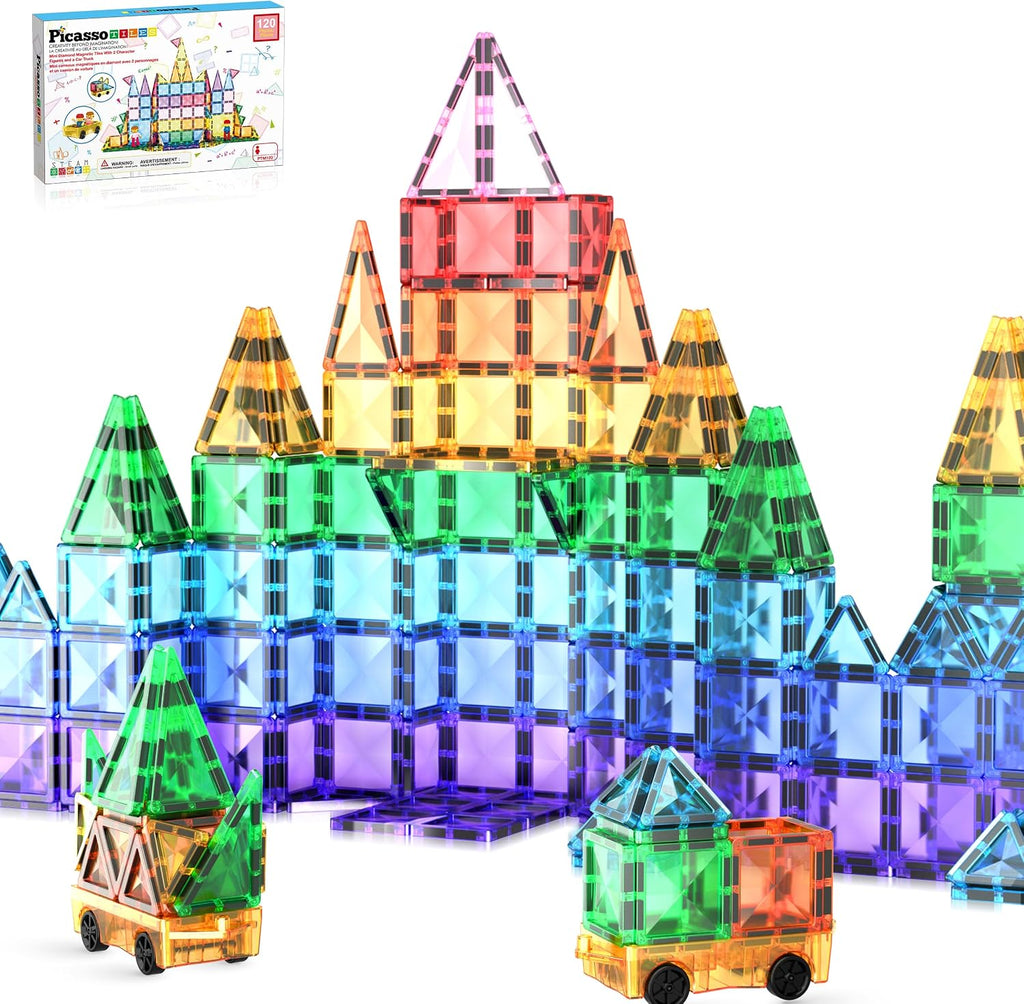 PicassoTiles 120 piezas de fichas magnéticas de tamaño mini, juguetes magnéticos de la serie diamante, juego de bloques de construcción sensorial, aprendizaje STEM, tamaño de viaje, juguete educativo