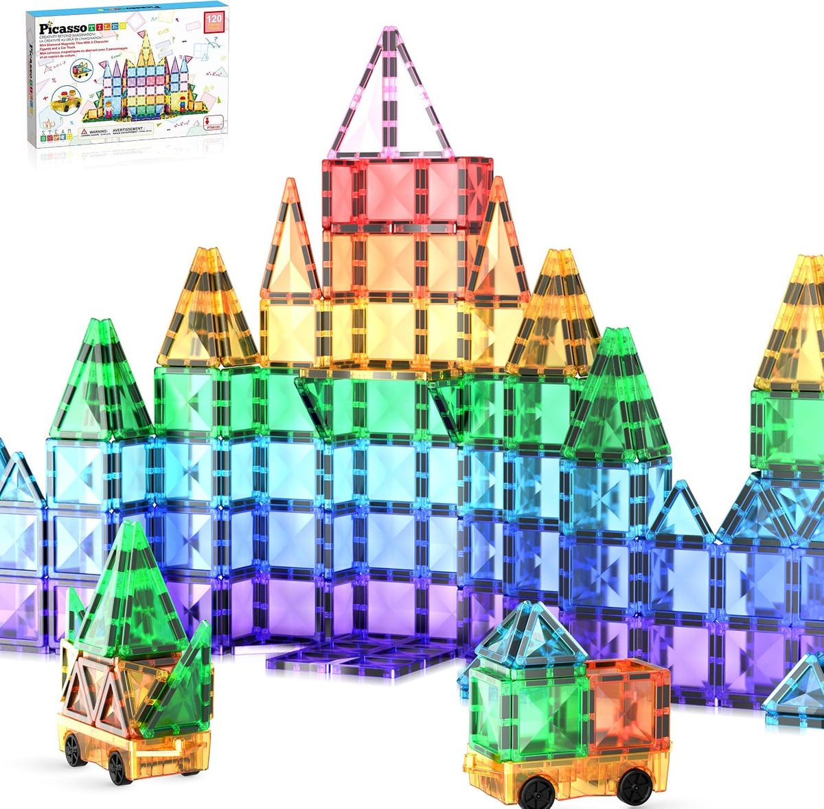 PicassoTiles 120 piezas de fichas magnéticas de tamaño mini, juguetes magnéticos de la serie diamante, juego de bloques de construcción sensorial, aprendizaje STEM, tamaño de viaje, juguete educativo