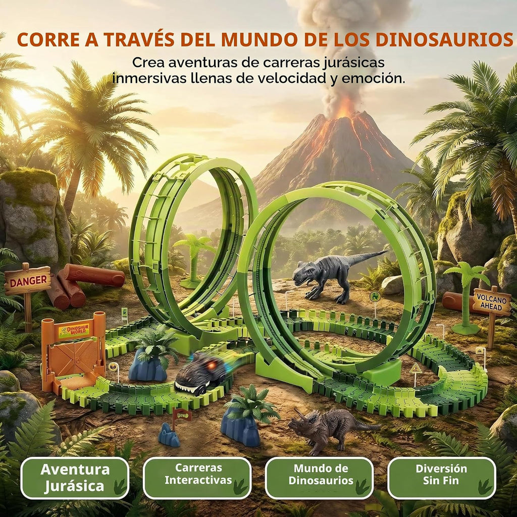 Juguetes de pista de carreras de dinosaurios para niños de 3 a 5 años, juego de pista de autos de dinosaurio de doble bucle, juego de pista de carreras de aventura flexible para niños de 4 a 7 años
