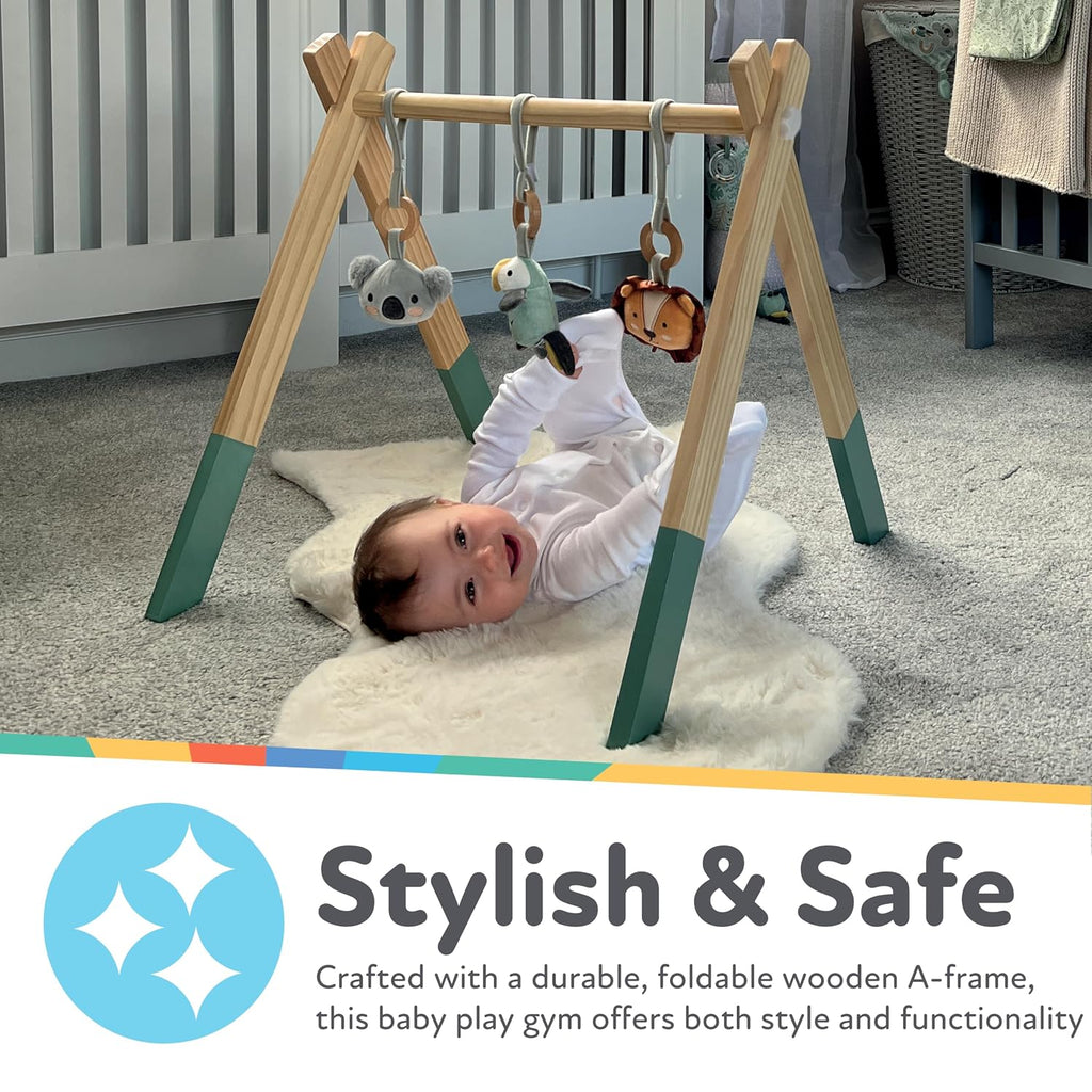 Nuby Animal Adventures - Gimnasio de madera para bebés con juguetes colgantes, soporta el desarrollo temprano del bebé, fácil de plegar para almacenamiento y viajes