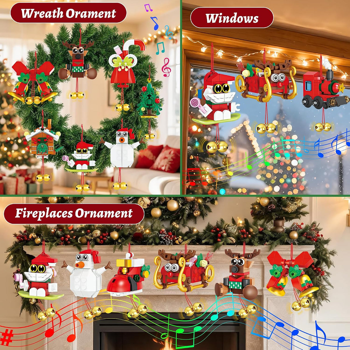 Calendario de Adviento 2026, adornos de Navidad, juego de construcción compatible con Lego, campanas colgantes, corona de Papá Noel, pan de jengibre, reno, 12 modelos