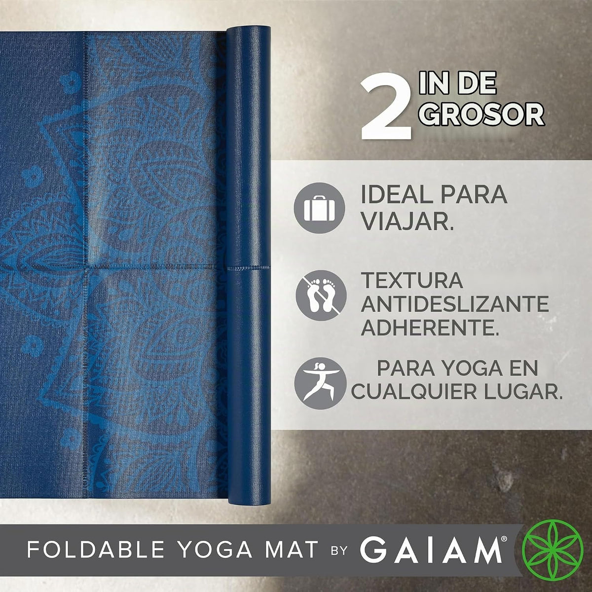 Gaiam Esterilla de yoga – Esterilla plegable de viaje para fitness y ejercicio – Esterilla de yoga plegable para todo tipo de yoga, pilates y entrenamientos de suelo (68 pulgadas de largo x 24