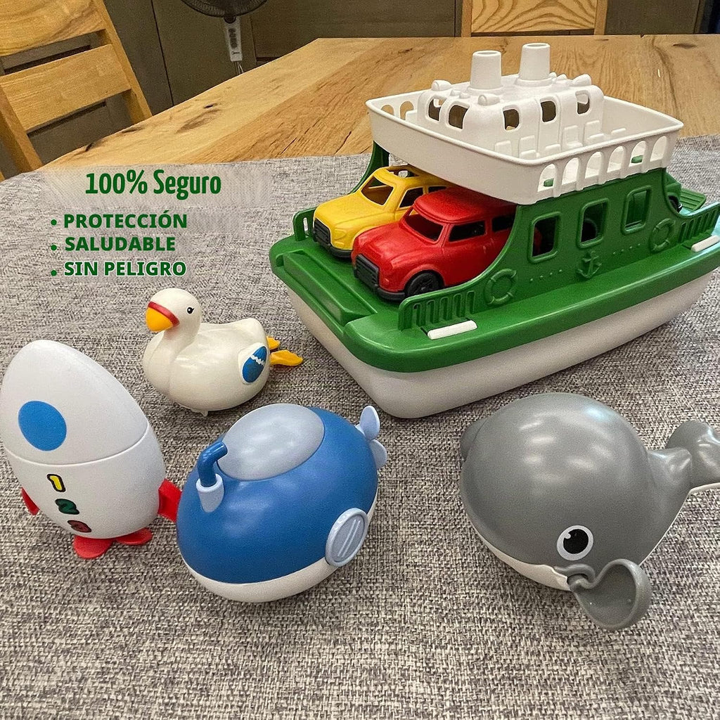 Barco Ferry con 4 Coches y 4 Juguetes de Baño de Cuerda, Juguete de Baño para Niños Vehículo Flotante Ballenas Submarinos Cisnes Cohetes, Conjunto de Juguetes de Bañera Baño Piscina Playa para