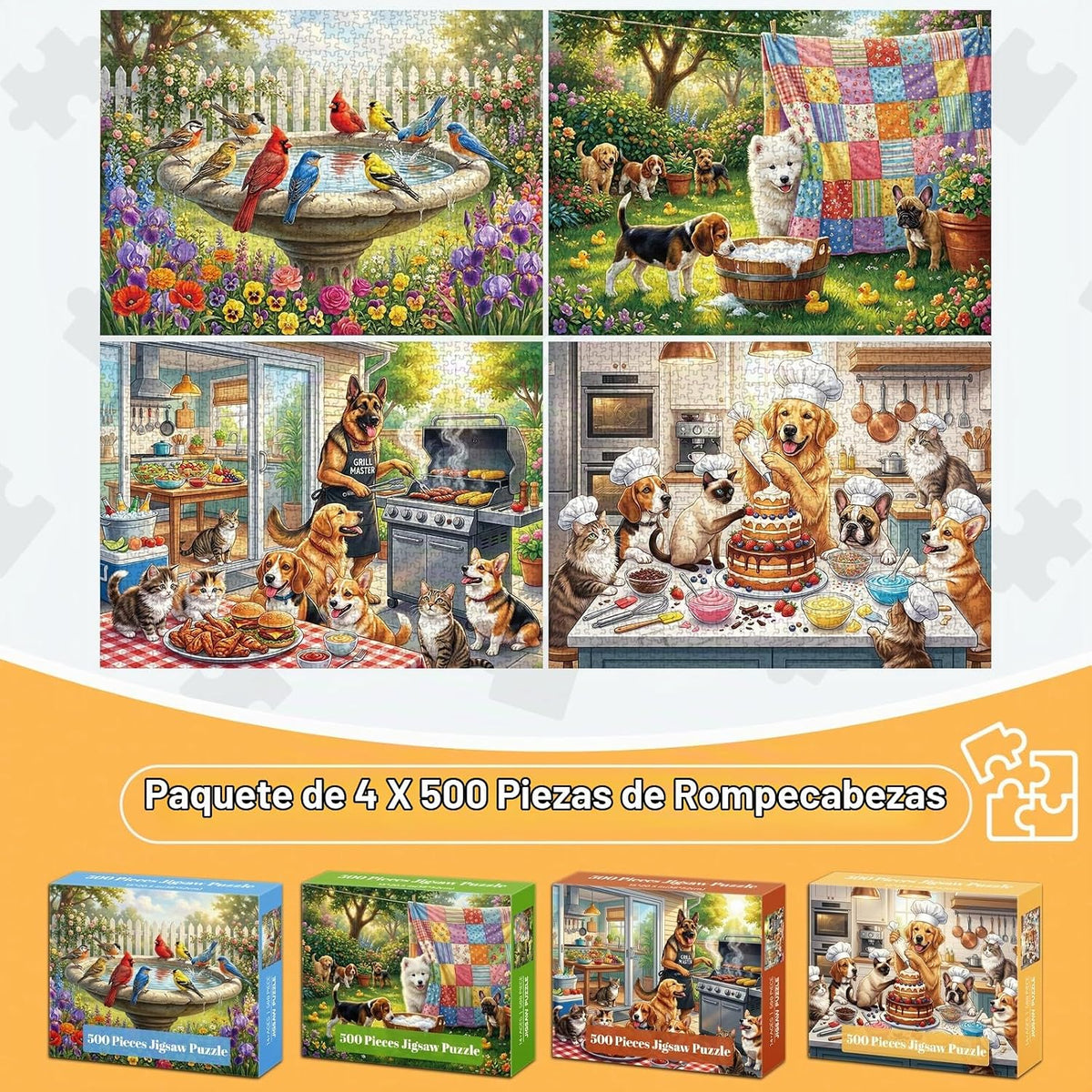 Paquete de 4 rompecabezas de 500 piezas para adultos, divertidos perros, gatos, pájaros, flores, rompecabezas para adultos, 500 piezas, divertidos rompecabezas desafiantes de 500 piezas para adultos