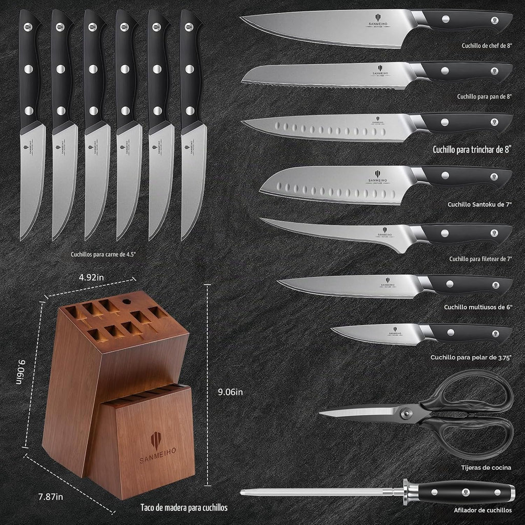 Juego de 16 cuchillos de cocina japoneses con bloque, aptos para
