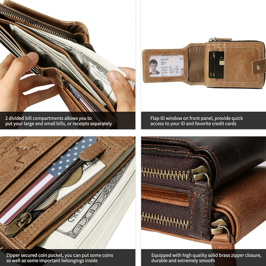 MING CLAN Cartera con cremallera para hombre, piel tabaco, bloqueo...