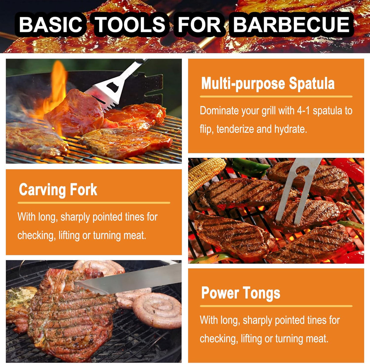 Juego de 24 Piezas de Herramientas para Parrilla BBQ con Termómetro de Carne e Inyector - Tenedor de Acero Inoxidable Extra Grueso, Espátula y Pinzas - Accesorios Completos para BBQ en
