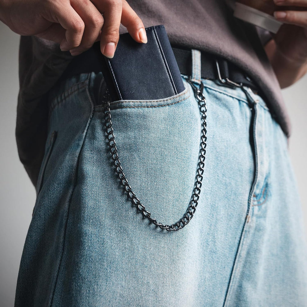 VULKIT Billetera para hombre con cadena antirrobo con bloqueo RFID, billetera triple plegable, diseño elegante, Azul marino, Cartera antirrobo