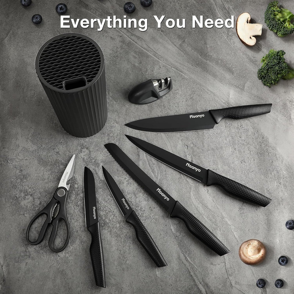 Juego de cuchillos de cocina de 8 piezas con afilador, bloque de cuchillos universal, cuchillas de acero inoxidable, diseño ergonómico, resistentes al óxido