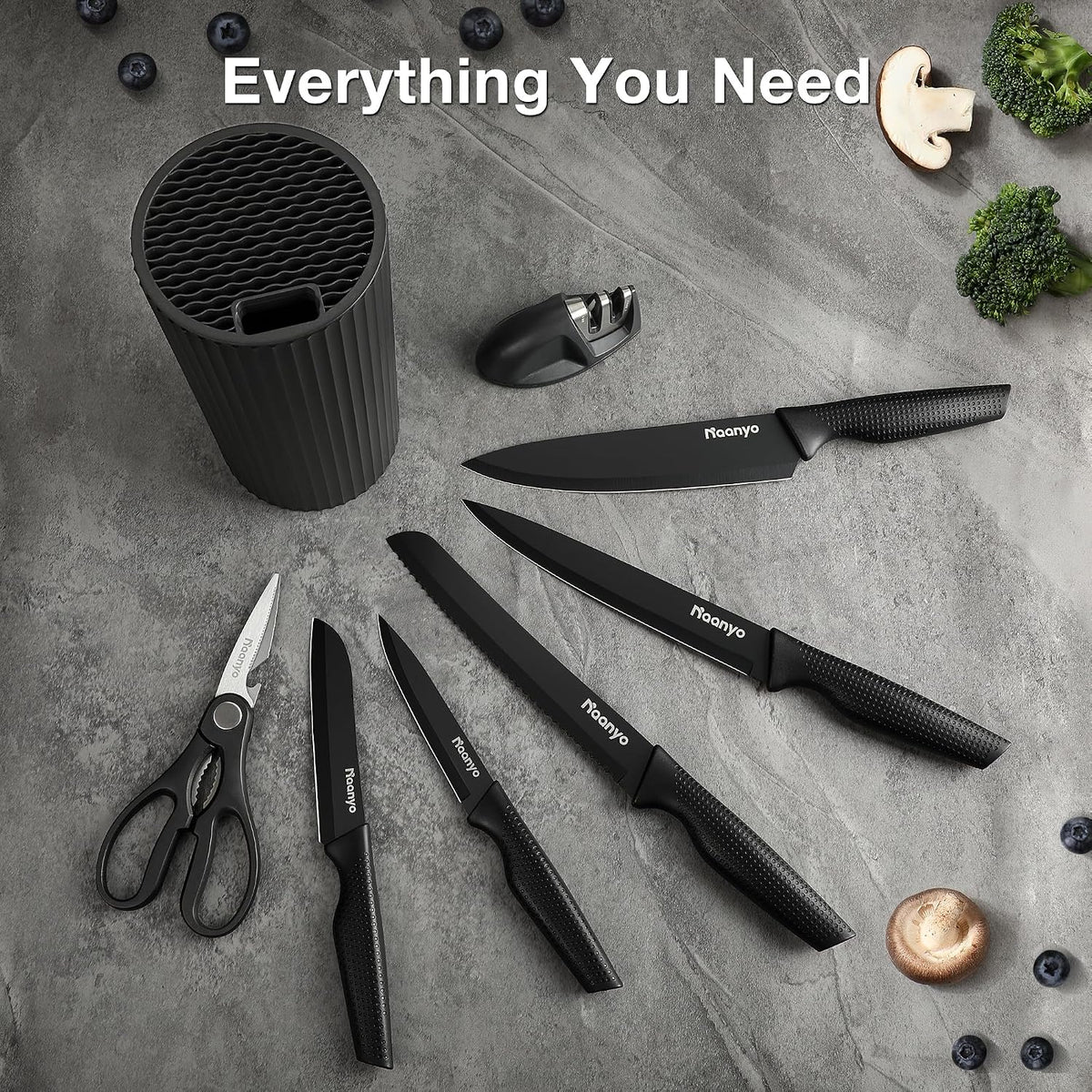 Juego de cuchillos de cocina de 8 piezas con afilador, bloque de cuchillos universal, cuchillas de acero inoxidable, diseño ergonómico, resistentes al óxido