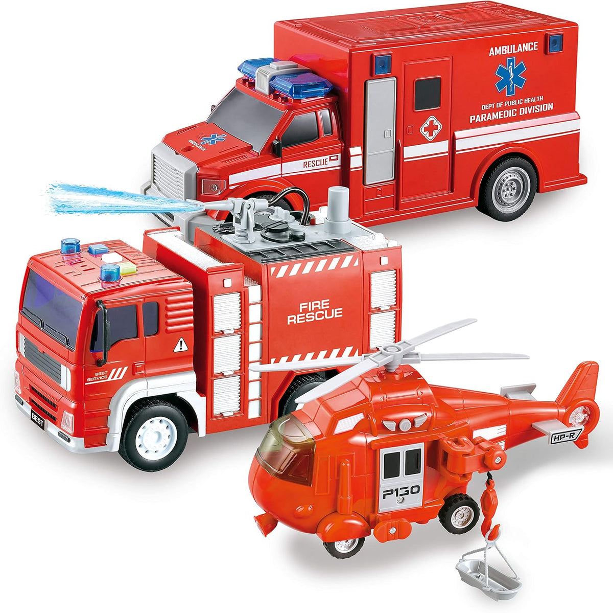 JOYIN Camión de bomberos de juguete para niños de 3, 4, 5, 6, 7 años, camión de bomberos, vehículo de emergencia, camión de bomberos para niños, automóvil alimentado por fricción con luces y sonidos, regalos de cumpleaños para niños y niñas de 3 a 9 años