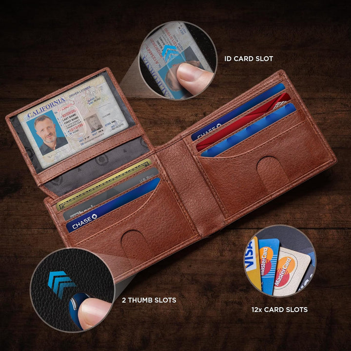 SERMAN BRANDS Cartera de cuero de grano completo para hombre, bloqu...