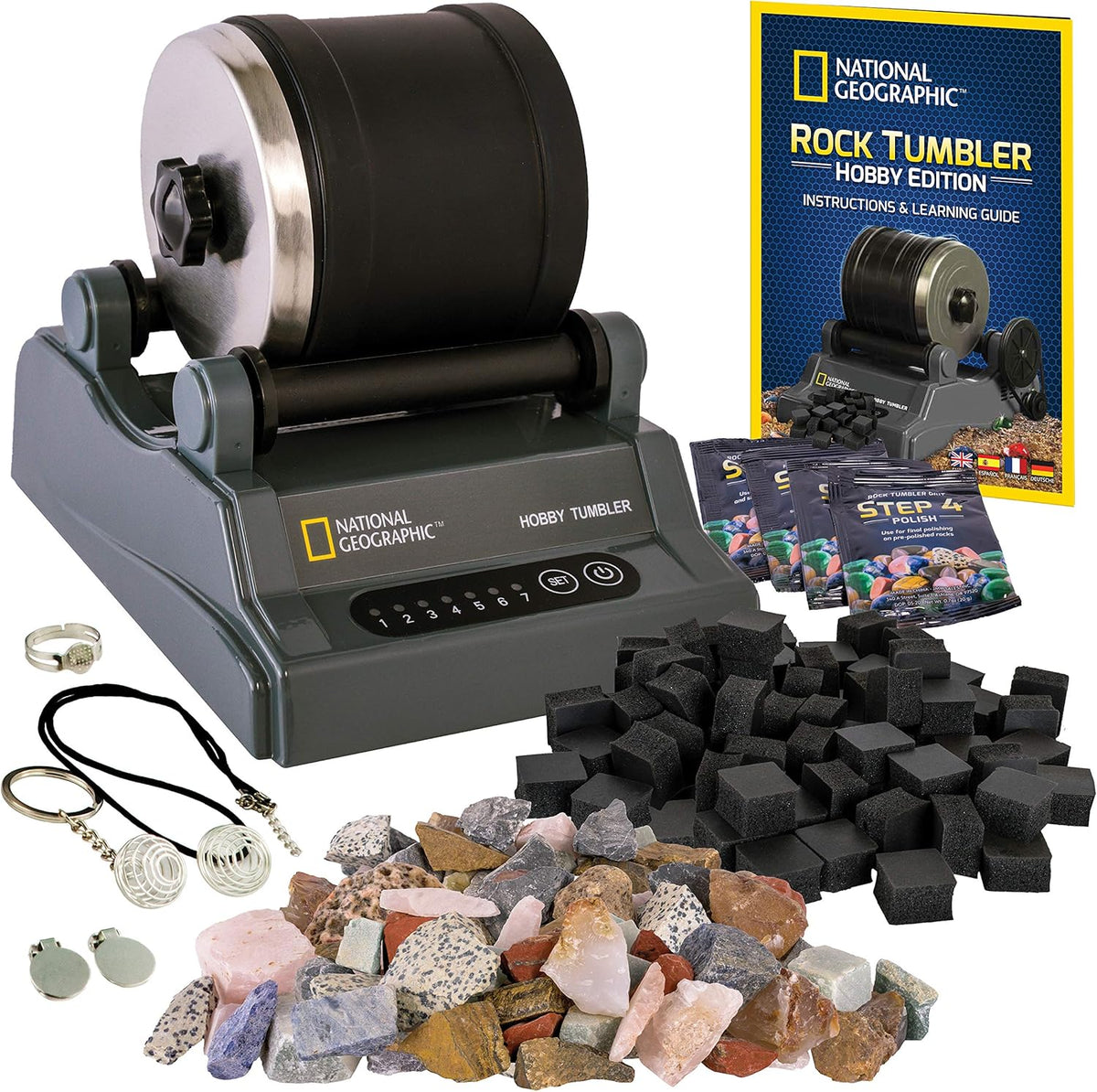 NATIONAL GEOGRAPHIC - Kit de vaso de roca Hobby Rock – Pulidor de rocas duradero a prueba de fugas con temporizador de 7 días – Kit completo de rock Tumbling – Pasatiempo de geología para niños