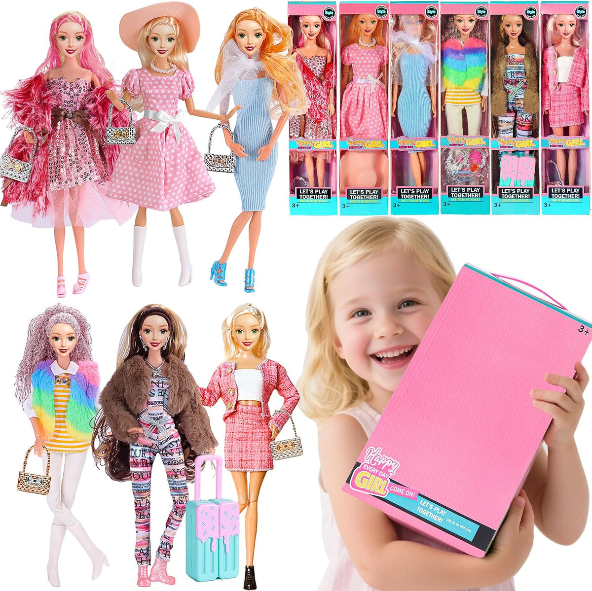 Set de 6 Muñecas Prinecess Americanas de Moda 11.5 pulgadas con Conjuntos de Vestuario, Diseños de Vestido y Accesorios como Bolso, Sombrero, Corona, Collar y Maletín (Empaque en Caja de Regalo)