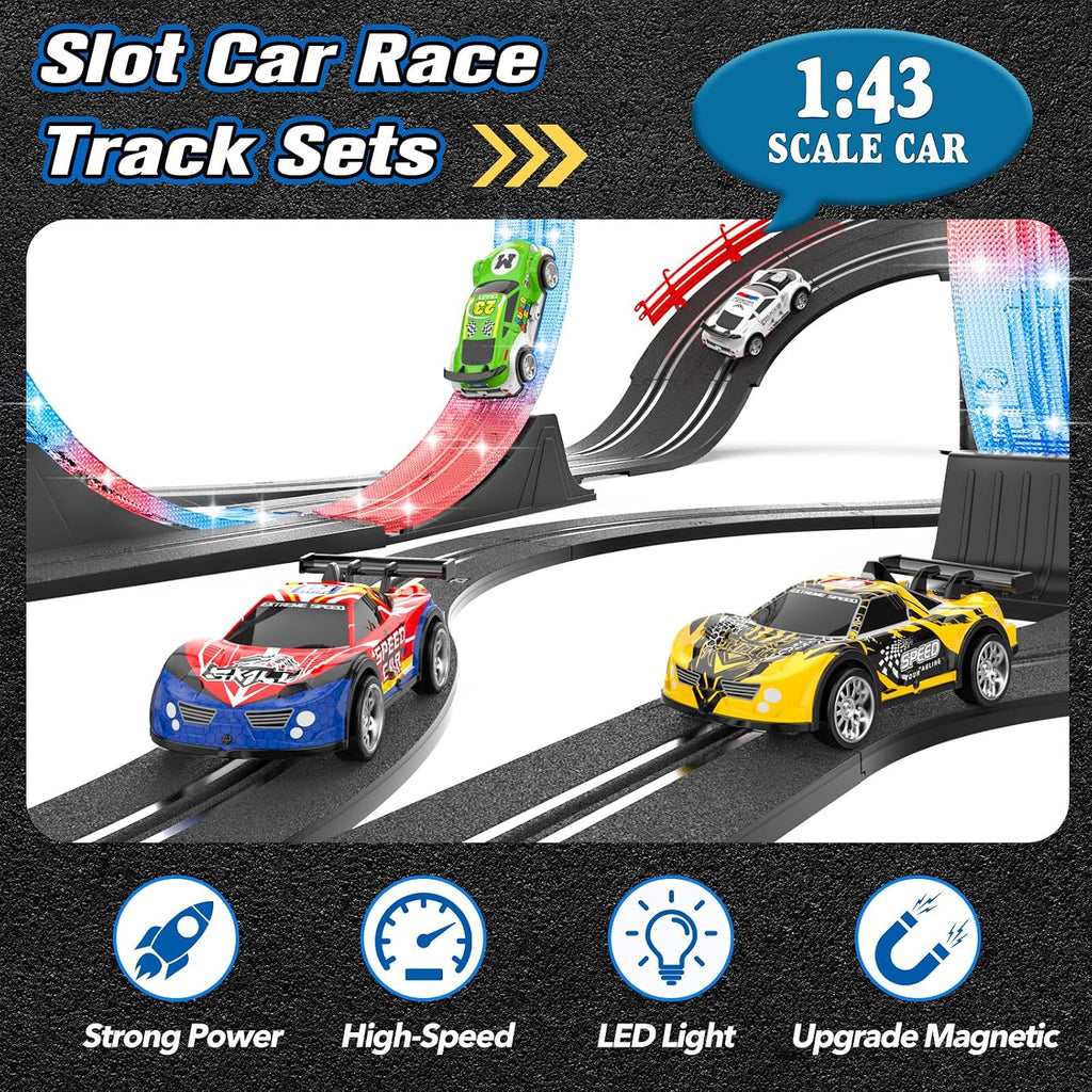 Juegos de carreras 2 en 1 con 4 autos de alta velocidad, pista eléctrica, juego de carreras dual con 2 controladores, diseño de paso elevado circular con pistas flash. Regalo de juguete para niños de 6 a 8 años de 8 a 12 años