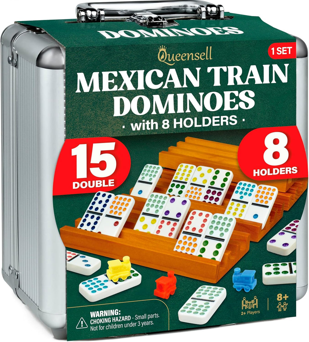 Queensell Juego de Dominó de Tren Mexicano Doble 15 con 8 Soportes - Cubo de Madera y Soportes para Fichas - Doble 15 con Puntos (D15 + 8 Soportes)