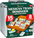 Queensell Juego de Dominó de Tren Mexicano Doble 15 con 8 Soportes - Cubo de Madera y Soportes para Fichas - Doble 15 con Puntos (D15 + 8 Soportes)
