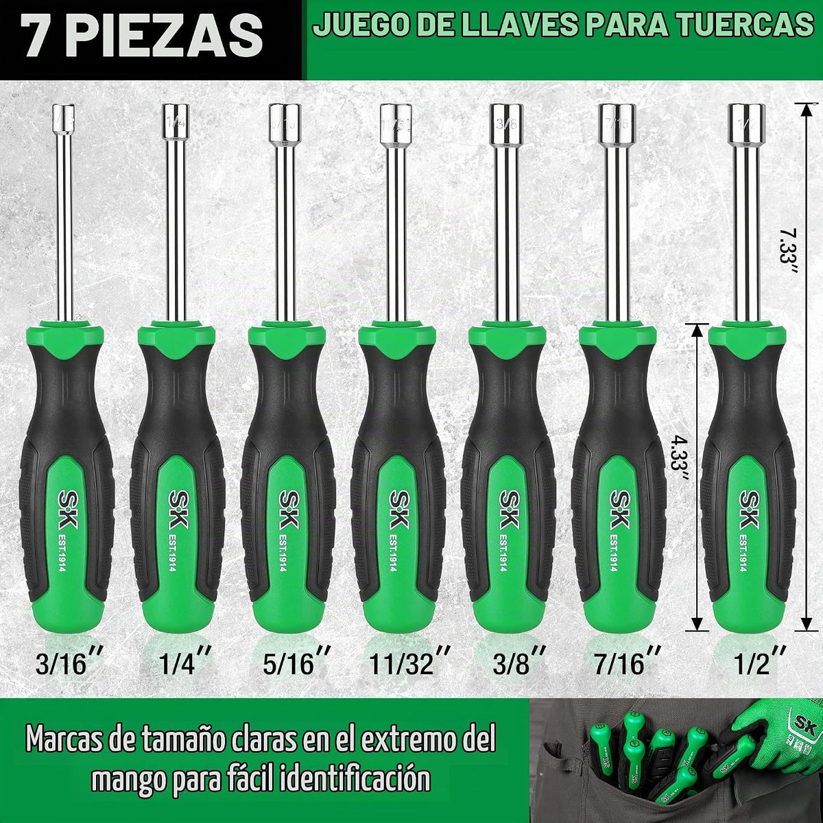 SK Juego de destornilladores de tuercas SAE de 7 piezas, eje sólido de 3