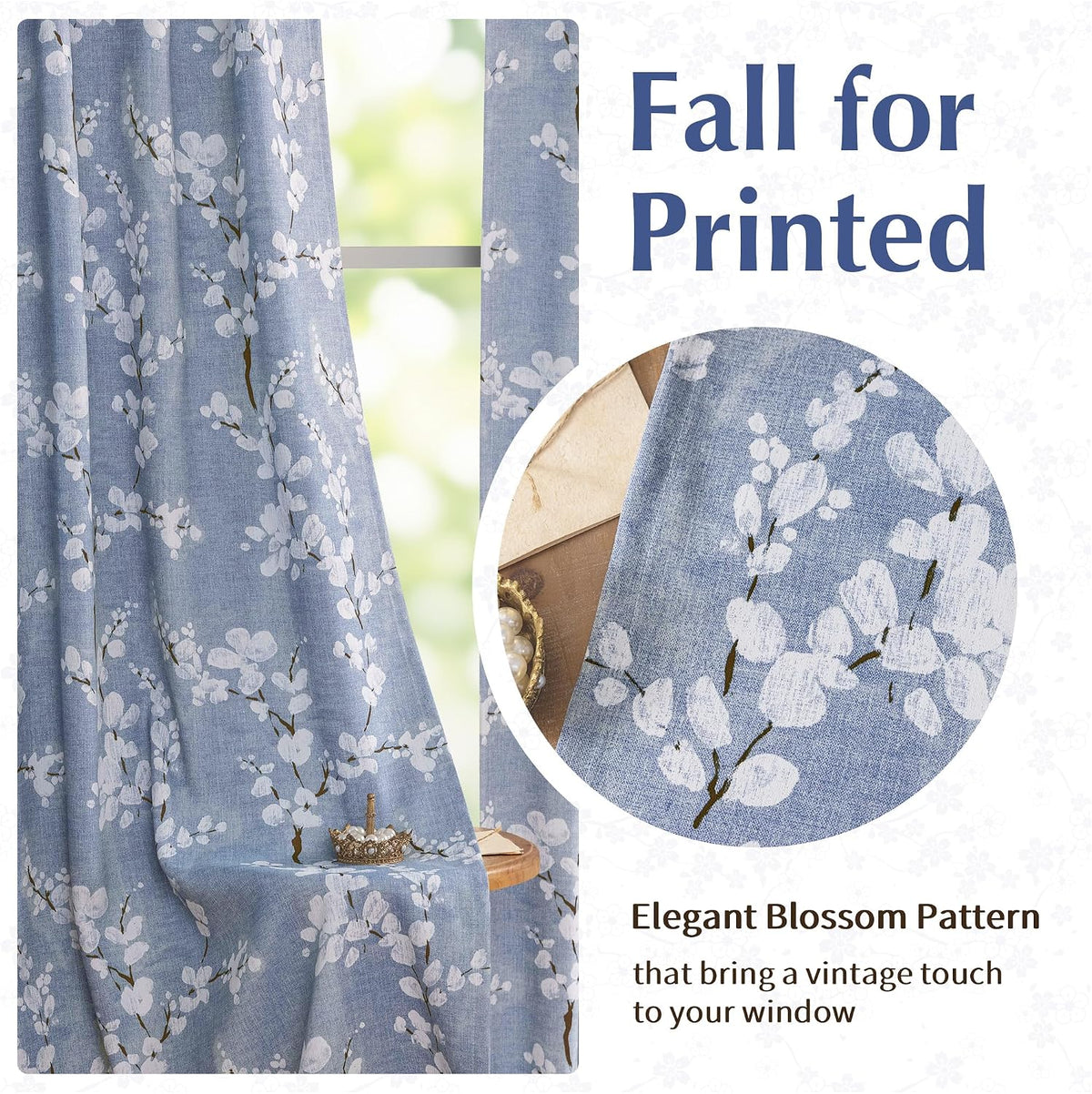FMFUNCTEX Cortinas florales opacas azules para dormitorio, 84 pulgadas, 2
