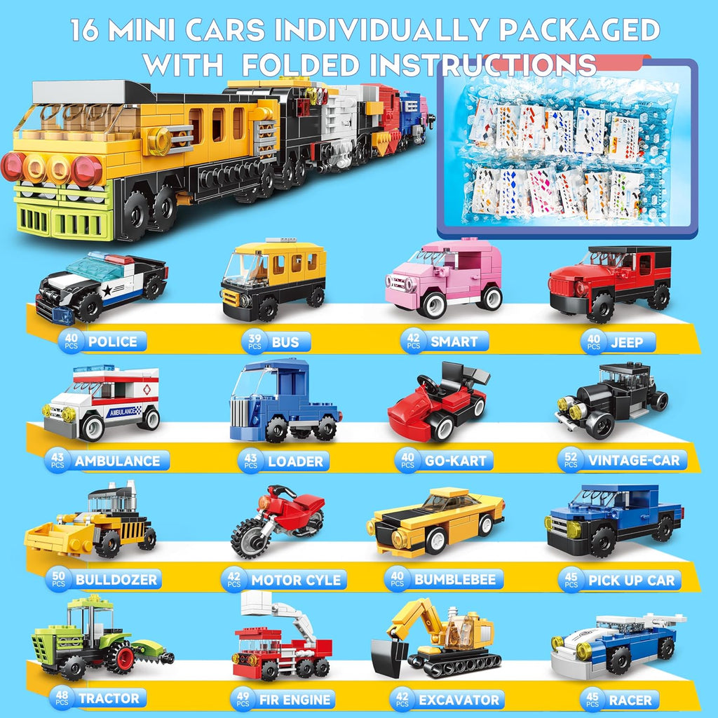 Paquete de 16 bloques de construcción para niños, compatibles con Lego 2 en 1, 710 piezas de kits de construcción de mini ciudad, incluye coche de policía y tren, regalos de juguete de Navidad