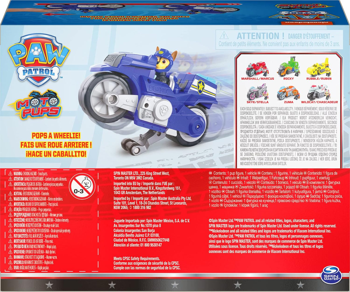 Paw Patrol, Moto Pups Deluxe de Chase, vehículo de motocicleta de tracción que hace piruetas y figura de juguete