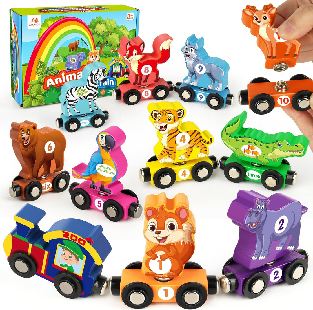Vanmor Juego de tren de dinosaurio de madera para niños pequeños, j...