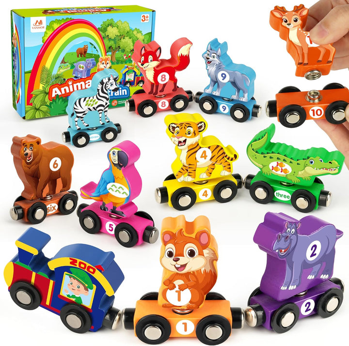 Vanmor Juego de tren de dinosaurio de madera para niños pequeños, j...